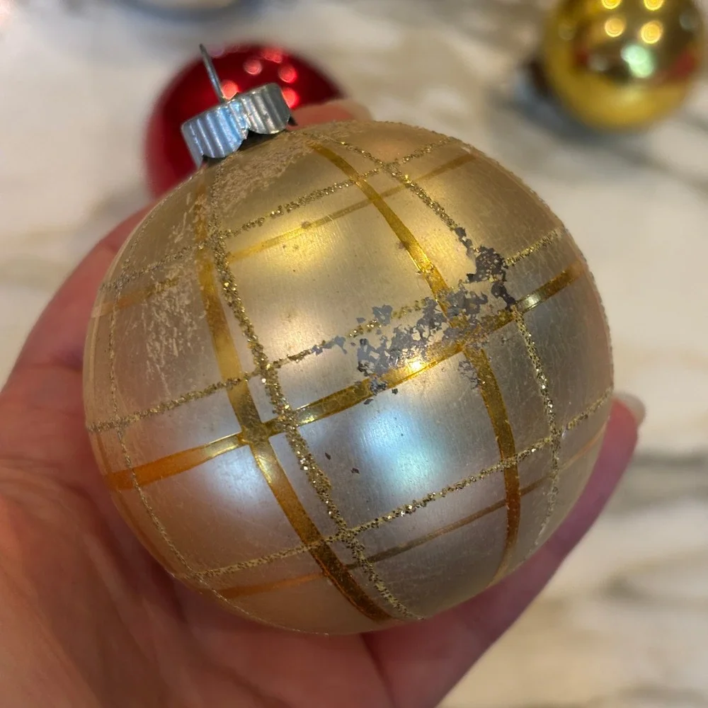 Assorted Vintage MCM Glass Ball Christmas Ornaments Red Gold Silver Set 6pc